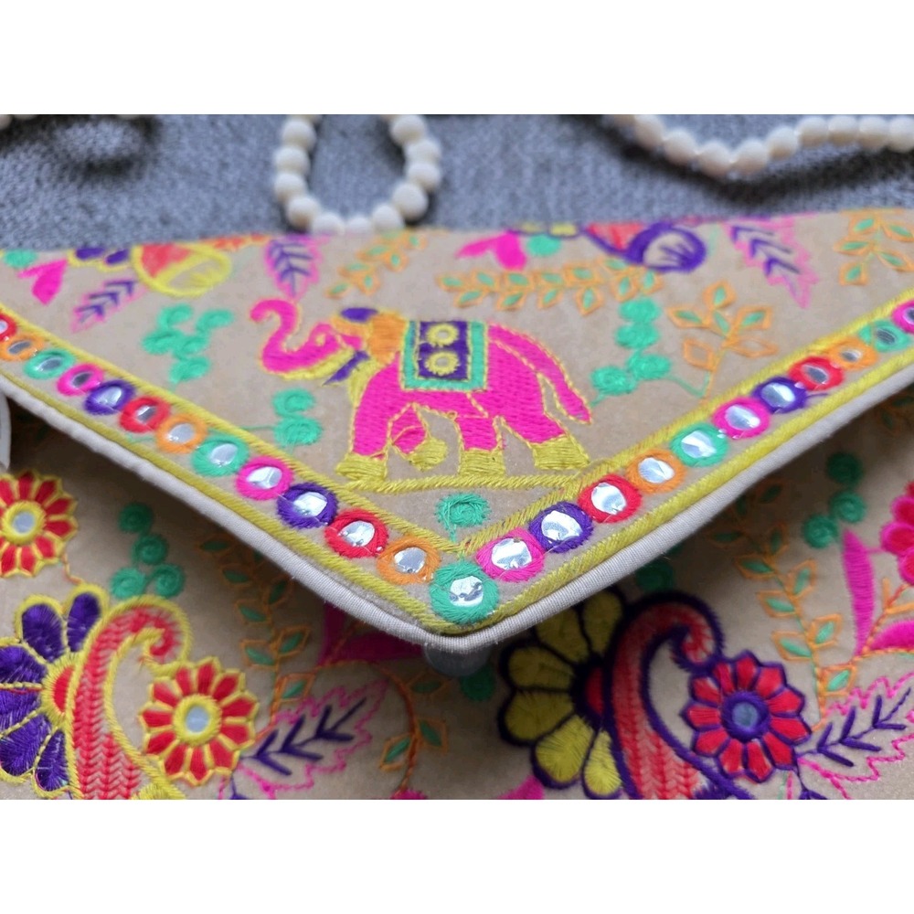 Embroidered Crossbody Bag Elephant PomPom Strap Boho Festival Purse - Picture 13 of 14